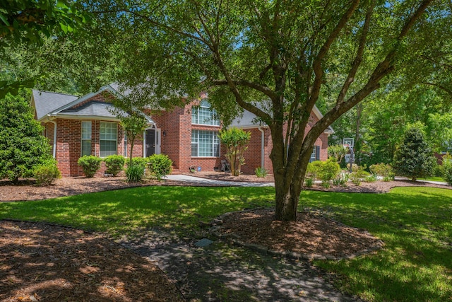 view of front of home with brick siding and a front lawn