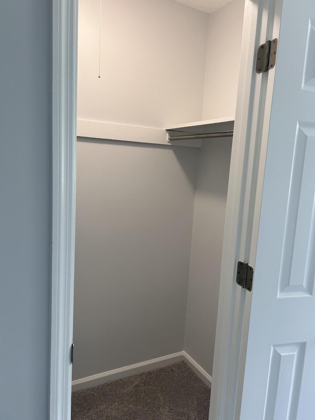 walk in closet featuring dark colored carpet