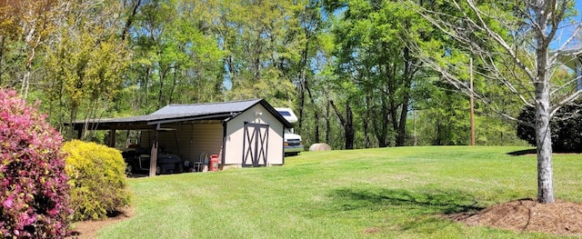 view of yard with a storage shed