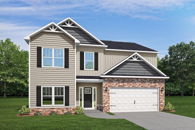 craftsman-style house featuring a garage and a front lawn