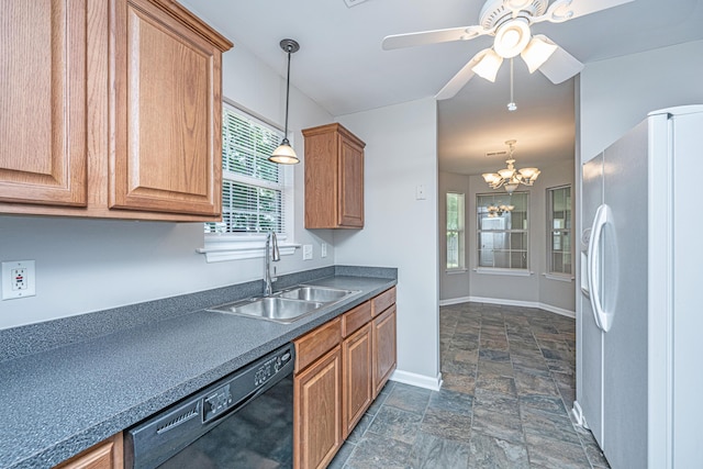 687 Ponderosa Dr, Charleston, SC 29414 - kitchen featuring white fridge with ice dispenser, black dishwasher, dark stone finish flooring, and plenty of natural light