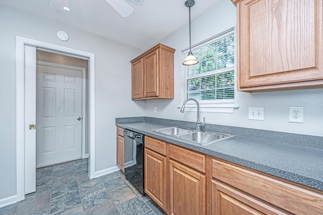 687 Ponderosa Dr, Charleston, SC 29414 - kitchen with dishwasher, stone finish floors, decorative light fixtures, dark countertops, and a ceiling fan