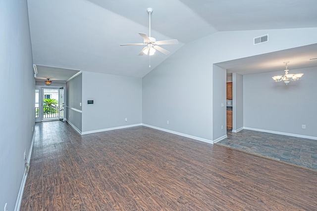 687 Ponderosa Dr, Charleston, SC 29414 - unfurnished living room featuring a ceiling fan, a chandelier, vaulted ceiling, and dark wood-type flooring