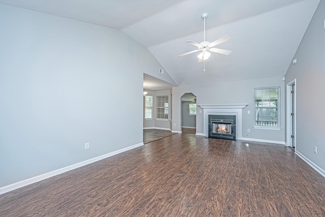 687 Ponderosa Dr, Charleston, SC 29414 - unfurnished living room with dark wood finished floors, plenty of natural light, a ceiling fan, and high vaulted ceiling