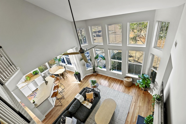 living room with hardwood / wood-style flooring, a high ceiling, and plenty of natural light