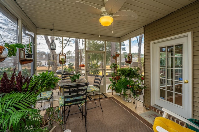 sunroom featuring wooden ceiling and ceiling fan