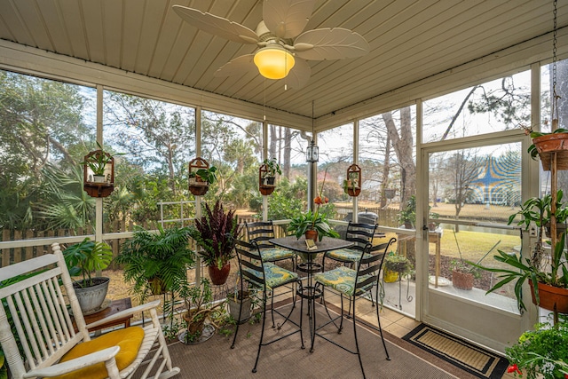 sunroom / solarium with visible vents and ceiling fan