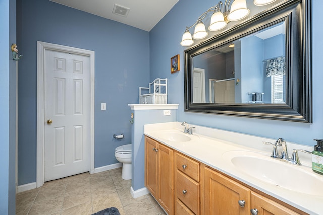 full bathroom with double vanity, visible vents, toilet, and a sink