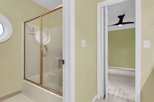 320 Compton Xing, Summerville, SC 29485 - full bathroom featuring a shower with shower door, baseboards, and a ceiling fan