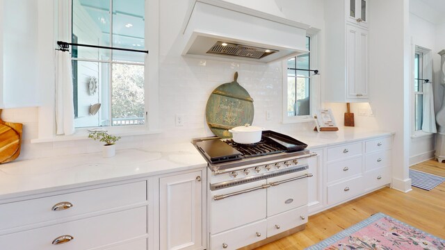 2312 Rushland Landing Rd, Johns Island, SC 29455 - kitchen with premium range hood, decorative backsplash, white cabinets, light stone countertops, and light wood-type flooring