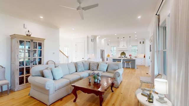 2312 Rushland Landing Rd, Johns Island, SC 29455 - living room featuring a ceiling fan, light wood-style floors, and recessed lighting