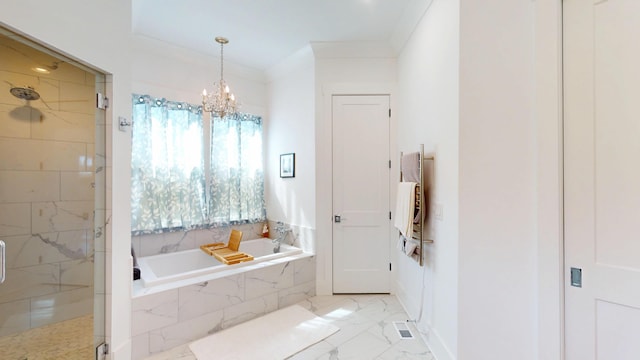 2312 Rushland Landing Rd, Johns Island, SC 29455 - full bath with a shower stall, a bath, heating unit, marble finish floors, and a chandelier