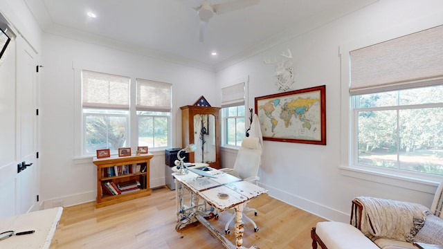 2312 Rushland Landing Rd, Johns Island, SC 29455 - home office with healthy amount of natural light, light wood-type flooring, ceiling fan, ornamental molding, and baseboards