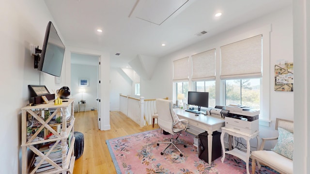 2312 Rushland Landing Rd, Johns Island, SC 29455 - home office featuring light wood-style flooring, recessed lighting, and attic access