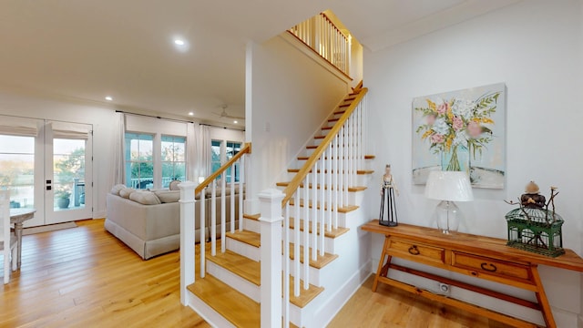 2312 Rushland Landing Rd, Johns Island, SC 29455 - stairs with french doors, wood finished floors, recessed lighting, and ceiling fan