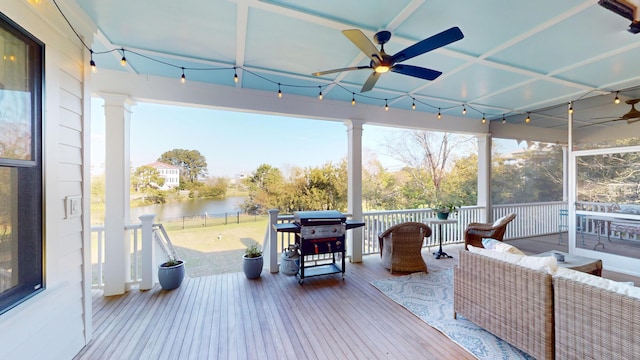 2312 Rushland Landing Rd, Johns Island, SC 29455 - deck with a ceiling fan, a water view, a grill, and outdoor lounge area
