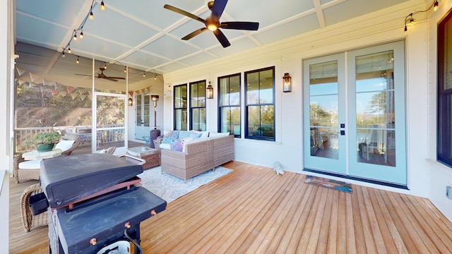 2312 Rushland Landing Rd, Johns Island, SC 29455 - wooden deck with a ceiling fan, an outdoor hangout area, and french doors