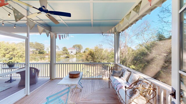 2312 Rushland Landing Rd, Johns Island, SC 29455 - wooden terrace featuring a water view and a ceiling fan