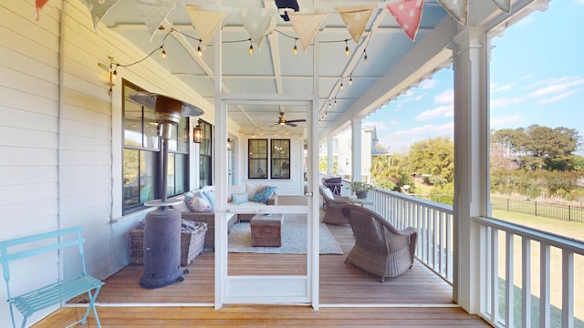 2312 Rushland Landing Rd, Johns Island, SC 29455 - wooden terrace with a ceiling fan and outdoor lounge area