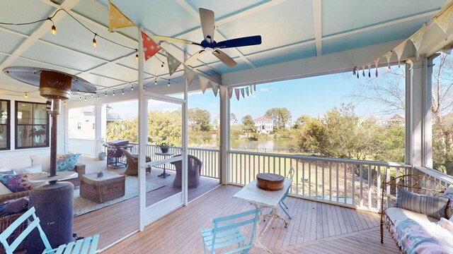 2312 Rushland Landing Rd, Johns Island, SC 29455 - wooden terrace featuring a ceiling fan and a water view