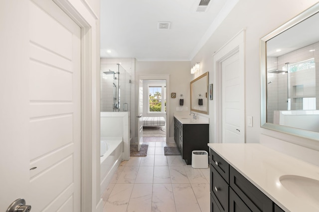 1234 Captain Rivers Dr, Charleston, SC 29412 - full bathroom with a shower stall, a garden tub, two vanities, marble finish floors, and recessed lighting