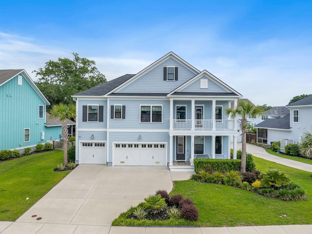 1234 Captain Rivers Dr, Charleston, SC 29412 - view of front of home with covered porch, an attached garage, concrete driveway, a front lawn, and a balcony