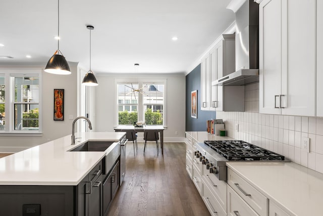 1234 Captain Rivers Dr, Charleston, SC 29412 - kitchen with wall chimney range hood, appliances with stainless steel finishes, a sink, light countertops, and tasteful backsplash