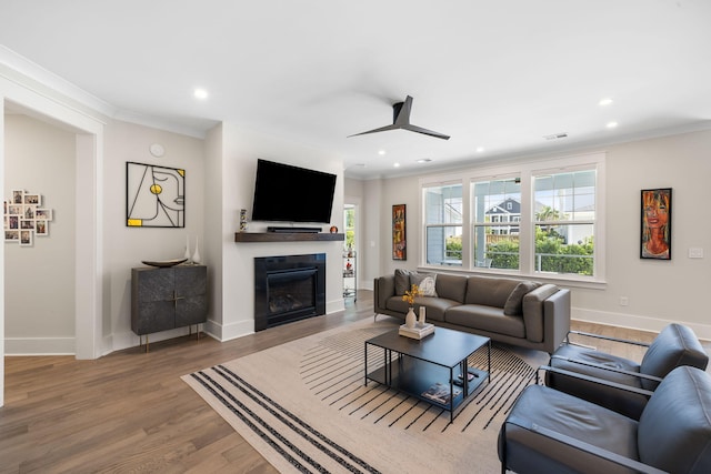 1234 Captain Rivers Dr, Charleston, SC 29412 - living area featuring ornamental molding, baseboards, a fireplace, recessed lighting, and a ceiling fan