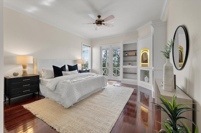 bedroom featuring a ceiling fan, access to outside, dark wood-style flooring, and crown molding