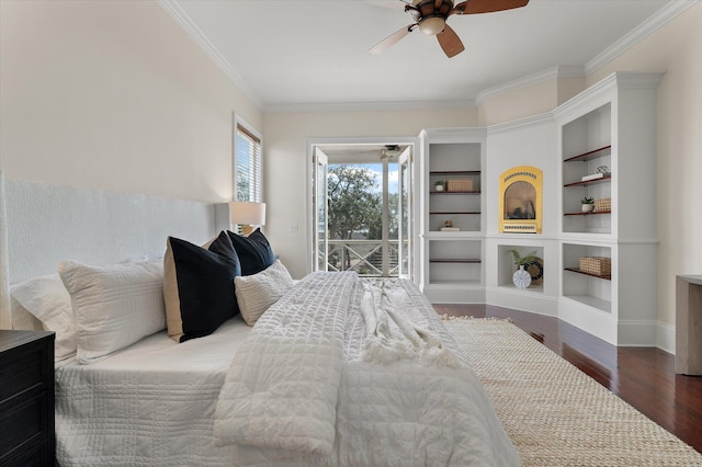 bedroom with access to exterior, ornamental molding, ceiling fan, wood finished floors, and baseboards