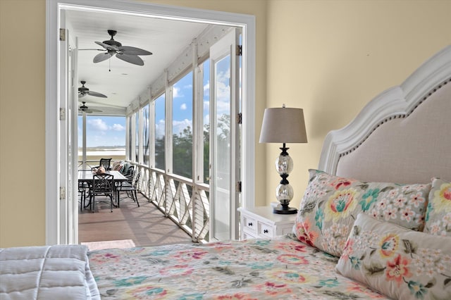 bedroom with access to outside, a ceiling fan, and tile patterned floors