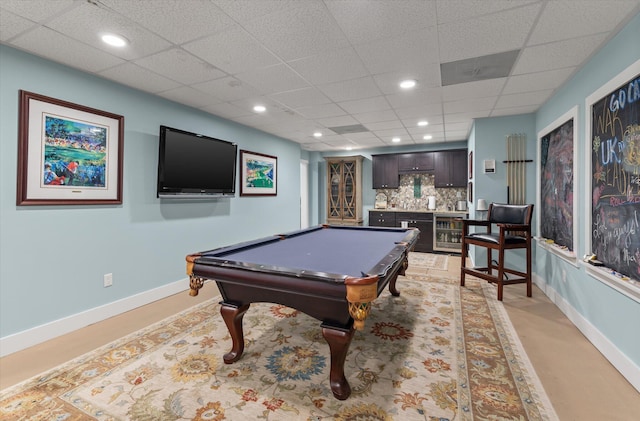 rec room featuring wine cooler, recessed lighting, a community bar, billiards, and baseboards