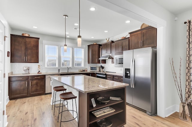 kitchen with dark brown cabinets, open shelves, a center island, stainless steel appliances, and a sink