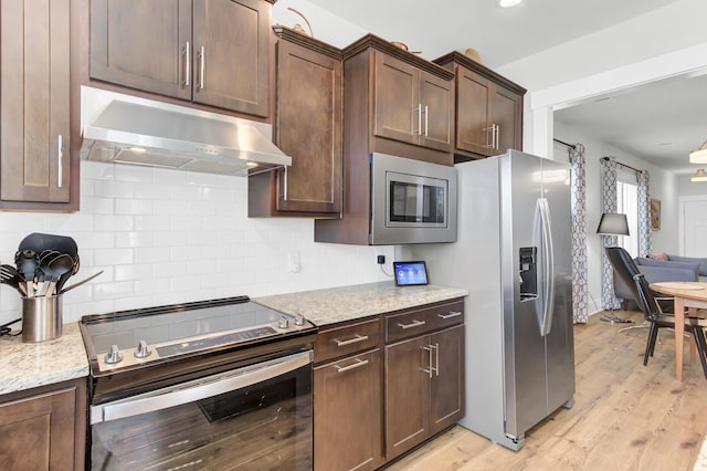 kitchen featuring tasteful backsplash, under cabinet range hood, dark brown cabinetry, light wood-style flooring, and appliances with stainless steel finishes