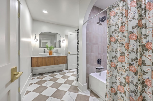 974 Cliffwood Dr, Mount Pleasant, SC 29464 - bathroom with double vanity, recessed lighting, baseboards, tile patterned floors, and shower / tub combo with curtain