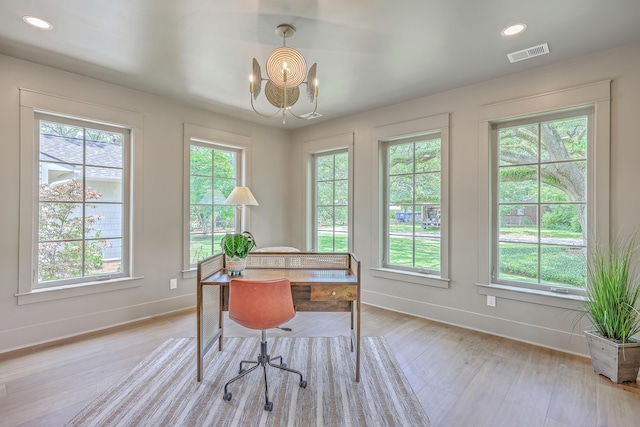 974 Cliffwood Dr, Mount Pleasant, SC 29464 - office area featuring baseboards, light wood finished floors, a chandelier, and recessed lighting