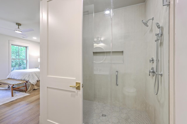974 Cliffwood Dr, Mount Pleasant, SC 29464 - ensuite bathroom featuring a stall shower, wood finished floors, and ceiling fan