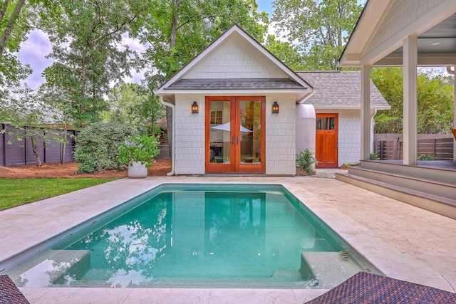 974 Cliffwood Dr, Mount Pleasant, SC 29464 - view of pool featuring an exterior structure, an outbuilding, french doors, a fenced backyard, and a patio