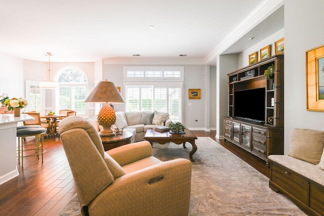 living room with dark wood-type flooring and crown molding