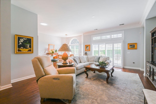 living room with ornamental molding, dark hardwood / wood-style flooring, and a wealth of natural light