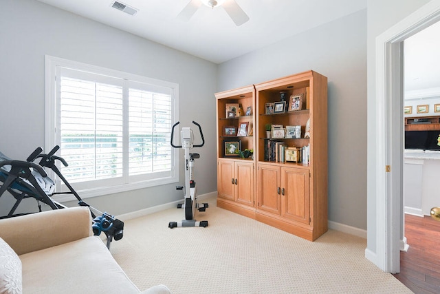 workout room featuring light hardwood / wood-style flooring and ceiling fan