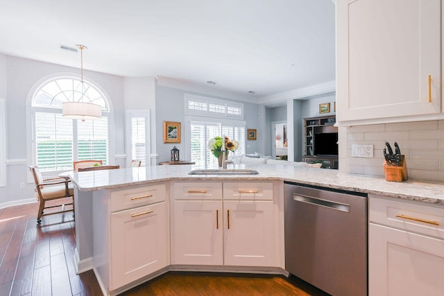 kitchen featuring white cabinetry, dark wood-type flooring, light stone countertops, dishwasher, and decorative light fixtures