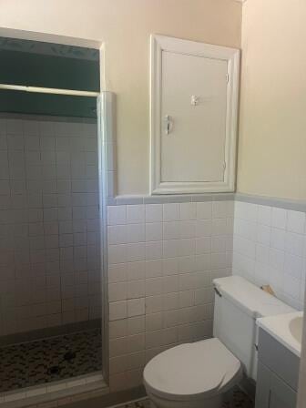 bathroom featuring tile walls, a shower with shower door, and vanity