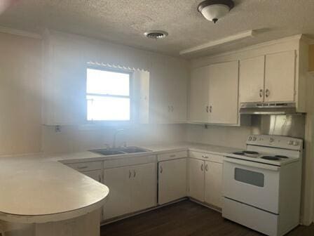 kitchen featuring electric stove, white cabinets, kitchen peninsula, and sink