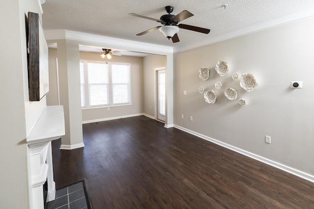 unfurnished living room featuring ceiling fan, dark hardwood / wood-style flooring, and ornamental molding