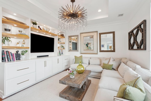 living room featuring recessed lighting, a notable chandelier, visible vents, a tray ceiling, and crown molding