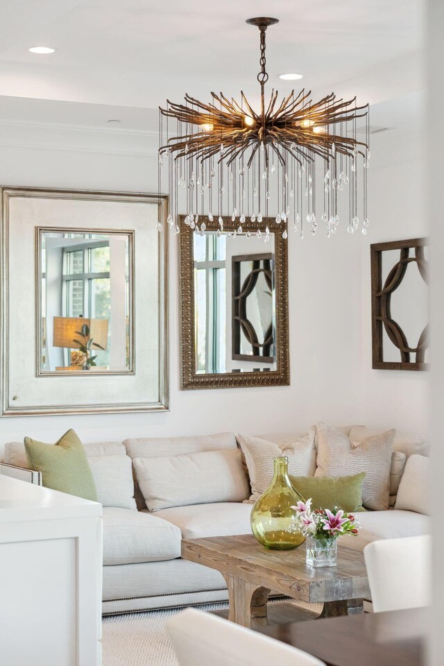 living room with a chandelier and recessed lighting