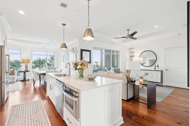 kitchen featuring wood finished floors, visible vents, a sink, appliances with stainless steel finishes, and a tray ceiling