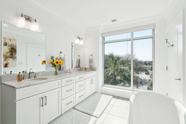 bathroom with double vanity, crown molding, and a sink