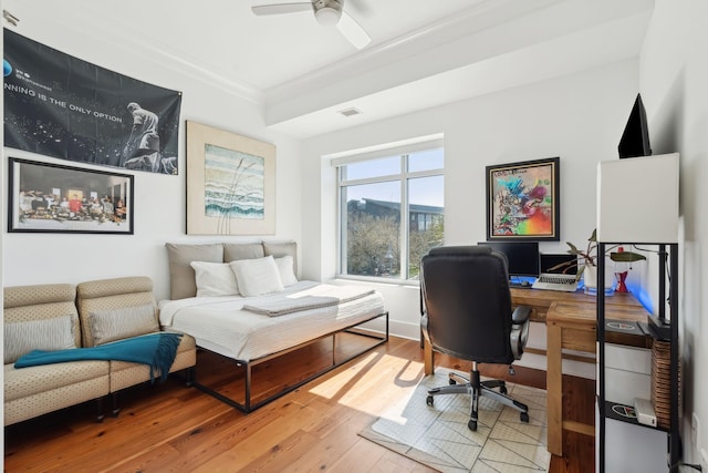 office featuring light wood-style flooring, visible vents, ornamental molding, and a ceiling fan